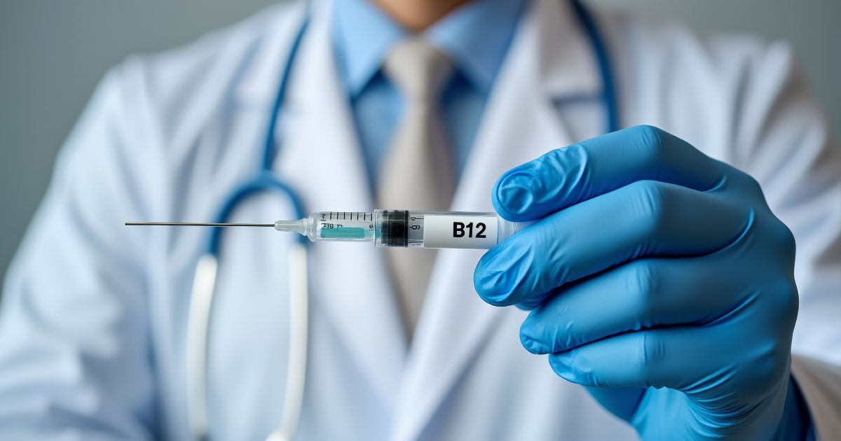 Sierra Concierge Medicine provider holding a syringe labeled B12 for vitamin injection to support cellular function and energy.